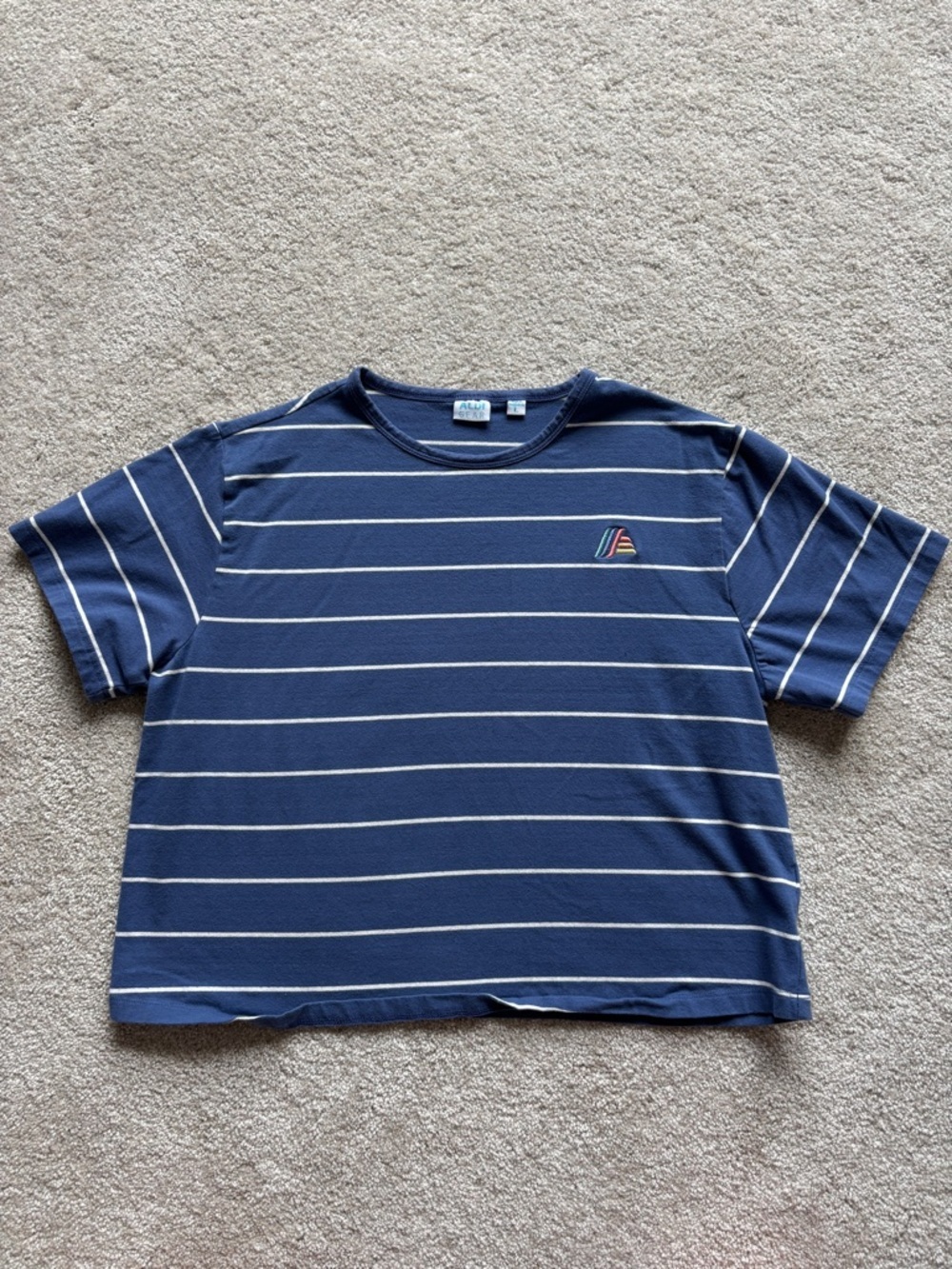 Aldi Striped Navy Blue Short Sleeve Tee with Rainbow Aldi Logo Cropped